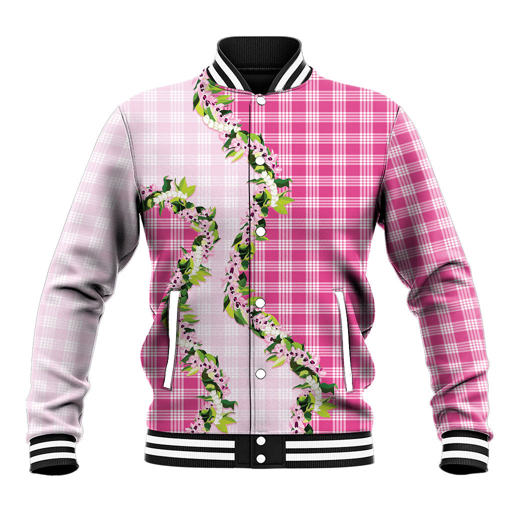 Pink Hawaii Palaka Baseball Jacket Maile Pikake Honohono Orchid Lei LT05 Unisex Pink - Polynesian Pride