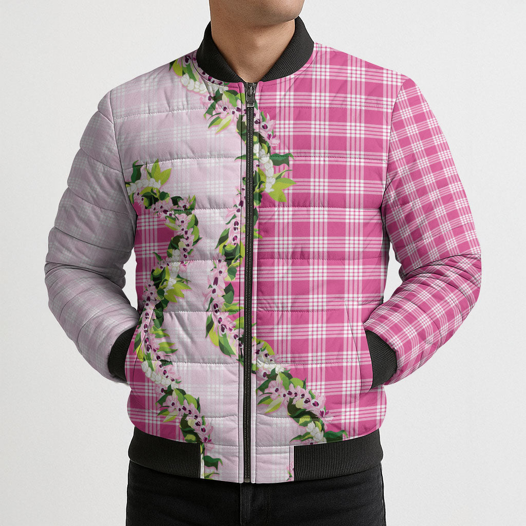 Pink Hawaii Palaka Bomber Puffer Jacket Maile Pikake Honohono Orchid Lei