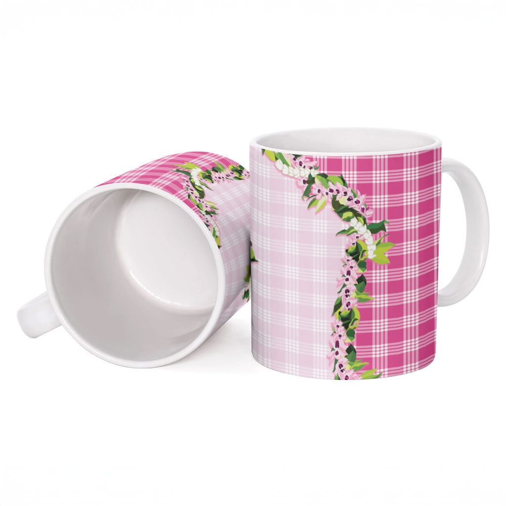 Pink Hawaii Palaka Ceramic Mug Maile Pikake Honohono Orchid Lei