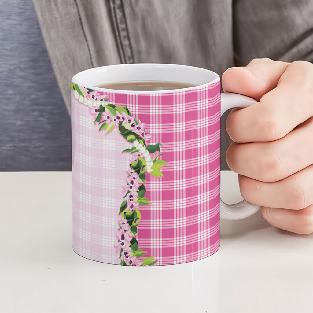 Pink Hawaii Palaka Ceramic Mug Maile Pikake Honohono Orchid Lei