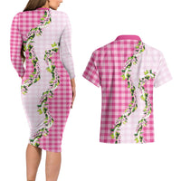 Pink Hawaii Palaka Couples Matching Long Sleeve Bodycon Dress and Hawaiian Shirt Maile Pikake Honohono Orchid Lei
