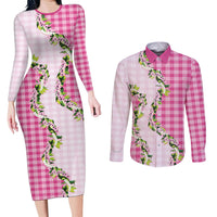 Pink Hawaii Palaka Couples Matching Long Sleeve Bodycon Dress and Long Sleeve Button Shirt Maile Pikake Honohono Orchid Lei