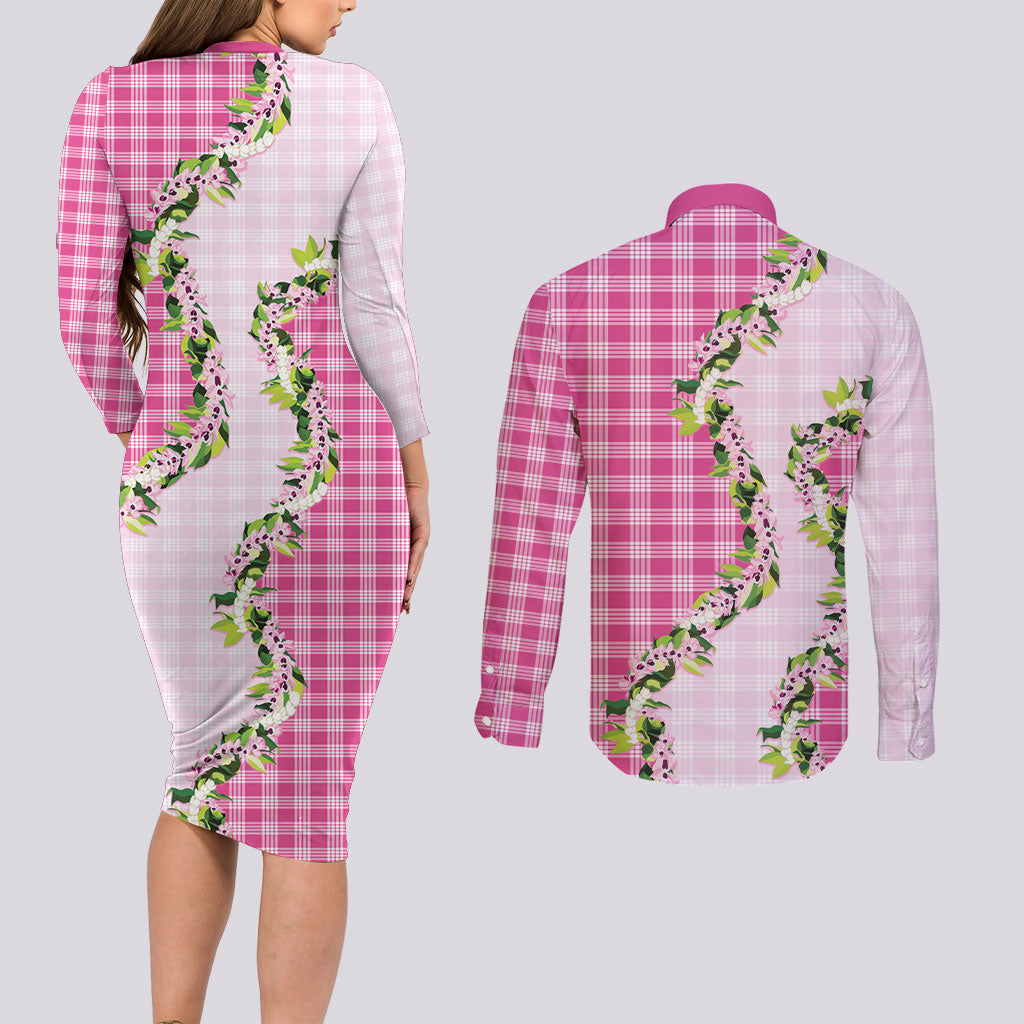 Pink Hawaii Palaka Couples Matching Long Sleeve Bodycon Dress and Long Sleeve Button Shirt Maile Pikake Honohono Orchid Lei