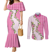 Pink Hawaii Palaka Couples Matching Mermaid Dress and Long Sleeve Button Shirt Maile Pikake Honohono Orchid Lei