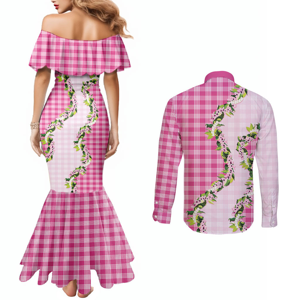 Pink Hawaii Palaka Couples Matching Mermaid Dress and Long Sleeve Button Shirt Maile Pikake Honohono Orchid Lei