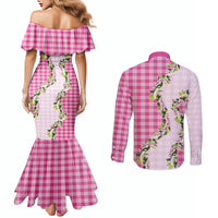 Pink Hawaii Palaka Couples Matching Mermaid Dress and Long Sleeve Button Shirt Maile Pikake Honohono Orchid Lei
