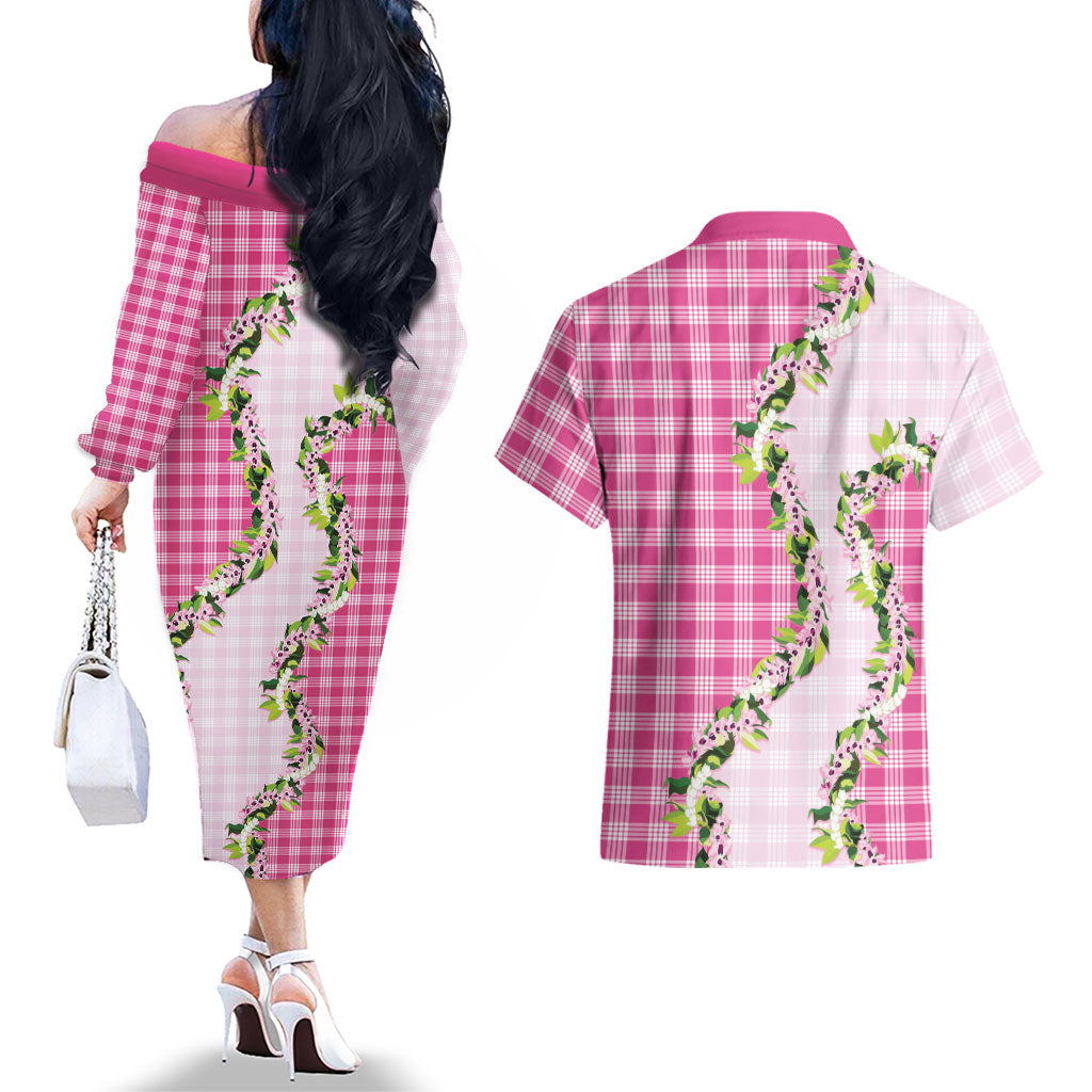 Pink Hawaii Palaka Couples Matching Off The Shoulder Long Sleeve Dress and Hawaiian Shirt Maile Pikake Honohono Orchid Lei