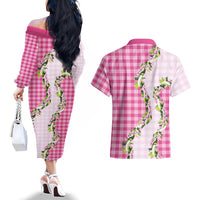 Pink Hawaii Palaka Couples Matching Off The Shoulder Long Sleeve Dress and Hawaiian Shirt Maile Pikake Honohono Orchid Lei