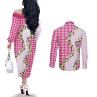 Pink Hawaii Palaka Couples Matching Off The Shoulder Long Sleeve Dress and Long Sleeve Button Shirt Maile Pikake Honohono Orchid Lei
