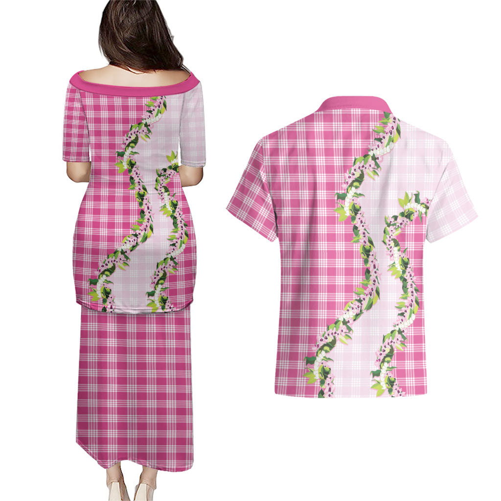 Pink Hawaii Palaka Couples Matching Puletasi and Hawaiian Shirt Maile Pikake Honohono Orchid Lei