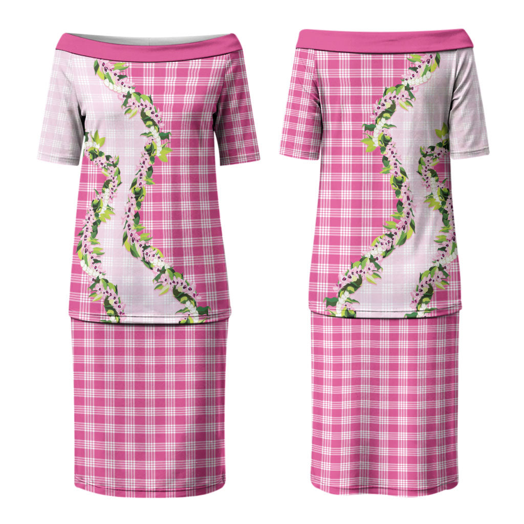 Pink Hawaii Palaka Couples Matching Puletasi and Hawaiian Shirt Maile Pikake Honohono Orchid Lei LT05 - Polynesian Pride