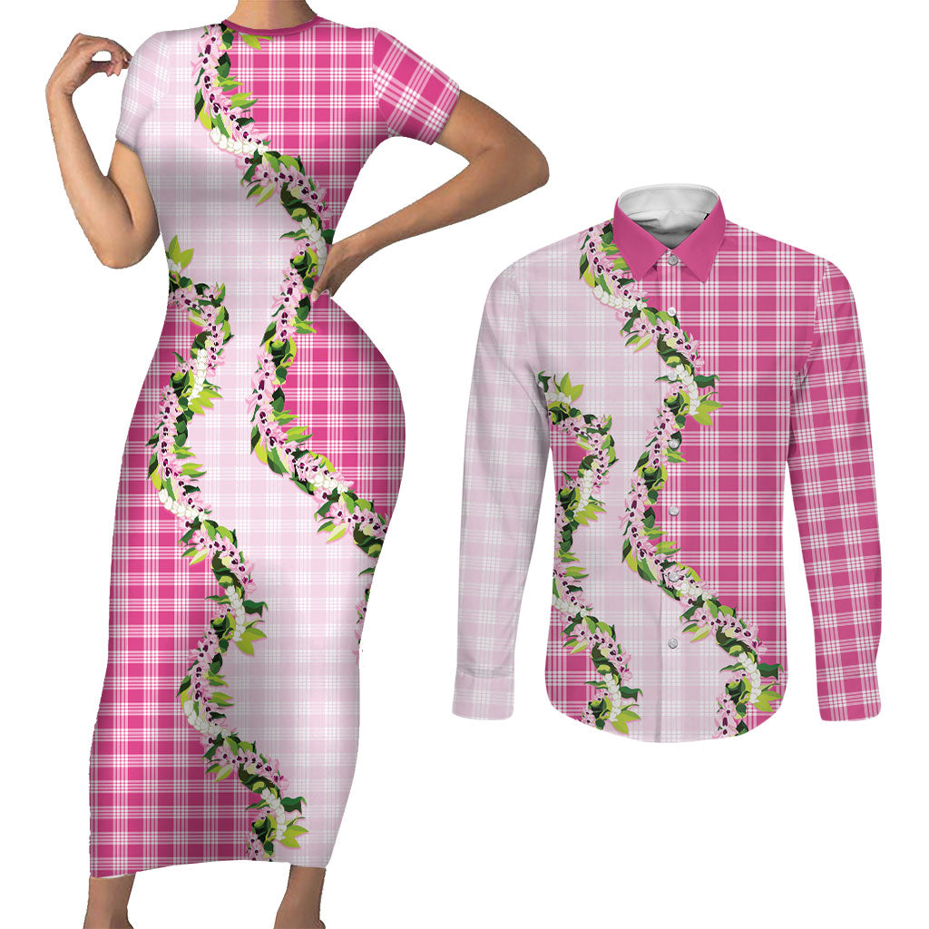 Pink Hawaii Palaka Couples Matching Short Sleeve Bodycon Dress and Long Sleeve Button Shirt Maile Pikake Honohono Orchid Lei LT05 Pink - Polynesian Pride