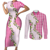 Pink Hawaii Palaka Couples Matching Short Sleeve Bodycon Dress and Long Sleeve Button Shirt Maile Pikake Honohono Orchid Lei