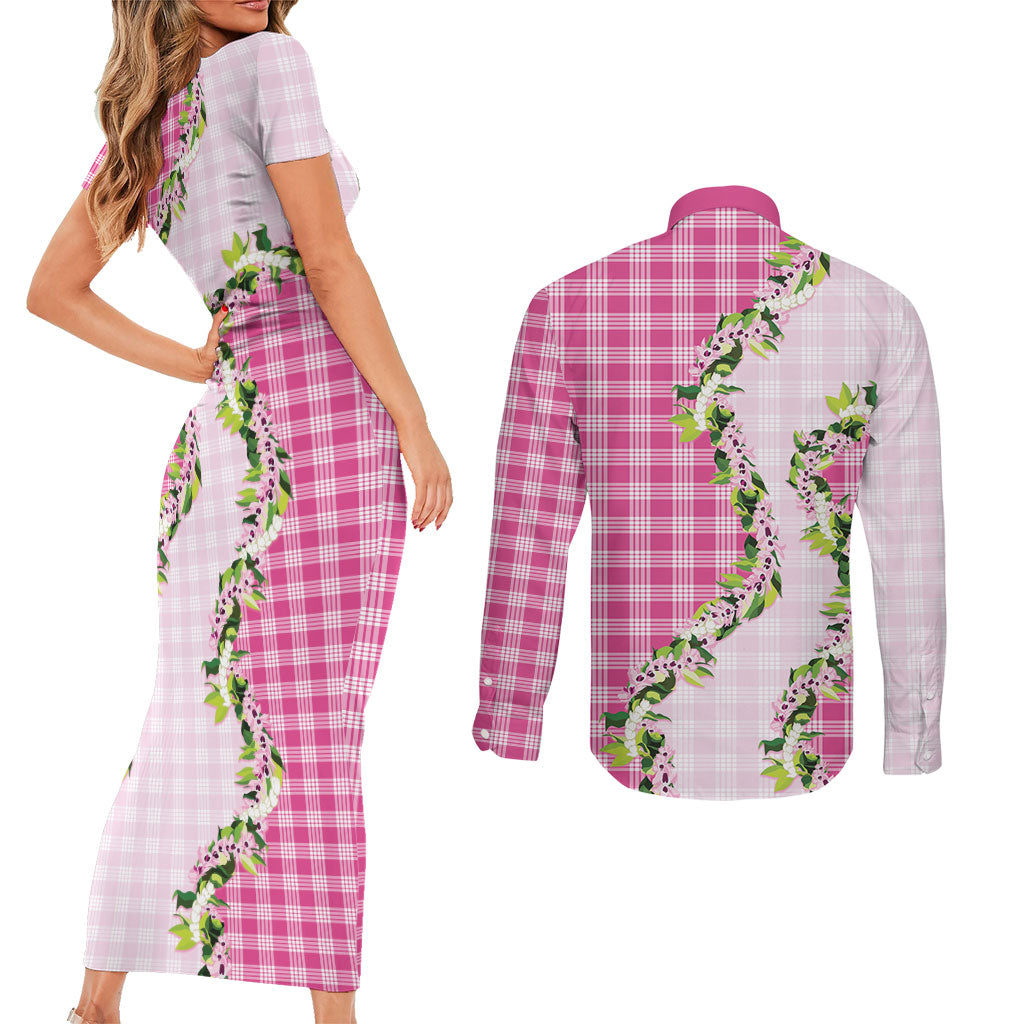 Pink Hawaii Palaka Couples Matching Short Sleeve Bodycon Dress and Long Sleeve Button Shirt Maile Pikake Honohono Orchid Lei