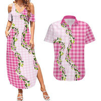 Pink Hawaii Palaka Couples Matching Summer Maxi Dress and Hawaiian Shirt Maile Pikake Honohono Orchid Lei