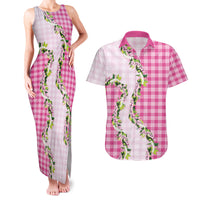 Pink Hawaii Palaka Couples Matching Tank Maxi Dress and Hawaiian Shirt Maile Pikake Honohono Orchid Lei