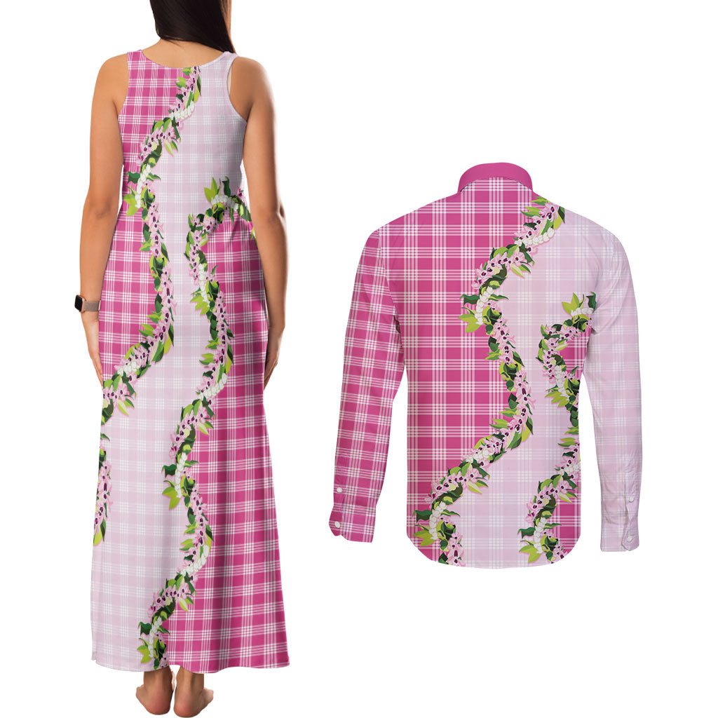 Pink Hawaii Palaka Couples Matching Tank Maxi Dress and Long Sleeve Button Shirt Maile Pikake Honohono Orchid Lei