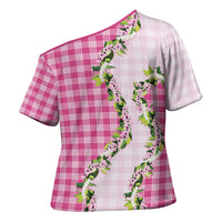 Pink Hawaii Palaka Cross Shoulder Shirt Maile Pikake Honohono Orchid Lei