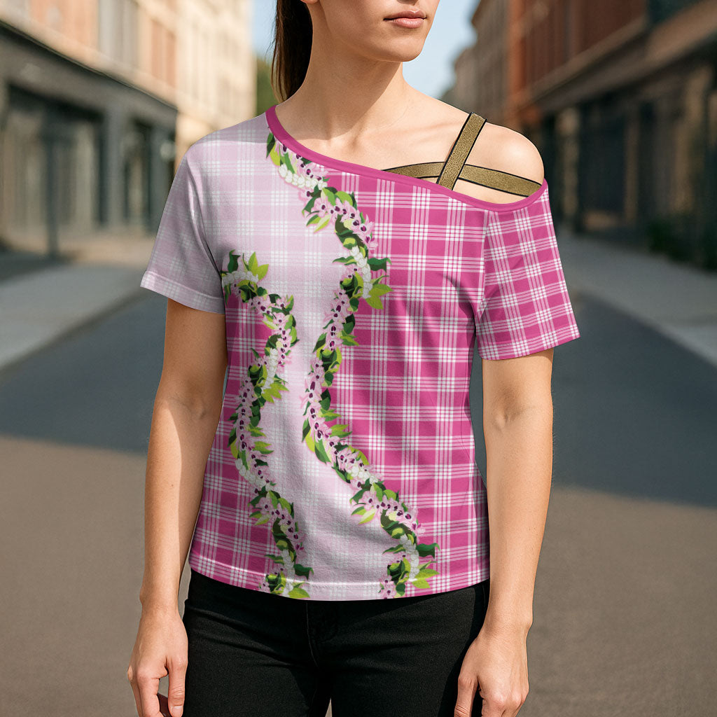 Pink Hawaii Palaka Cross Shoulder Shirt Maile Pikake Honohono Orchid Lei