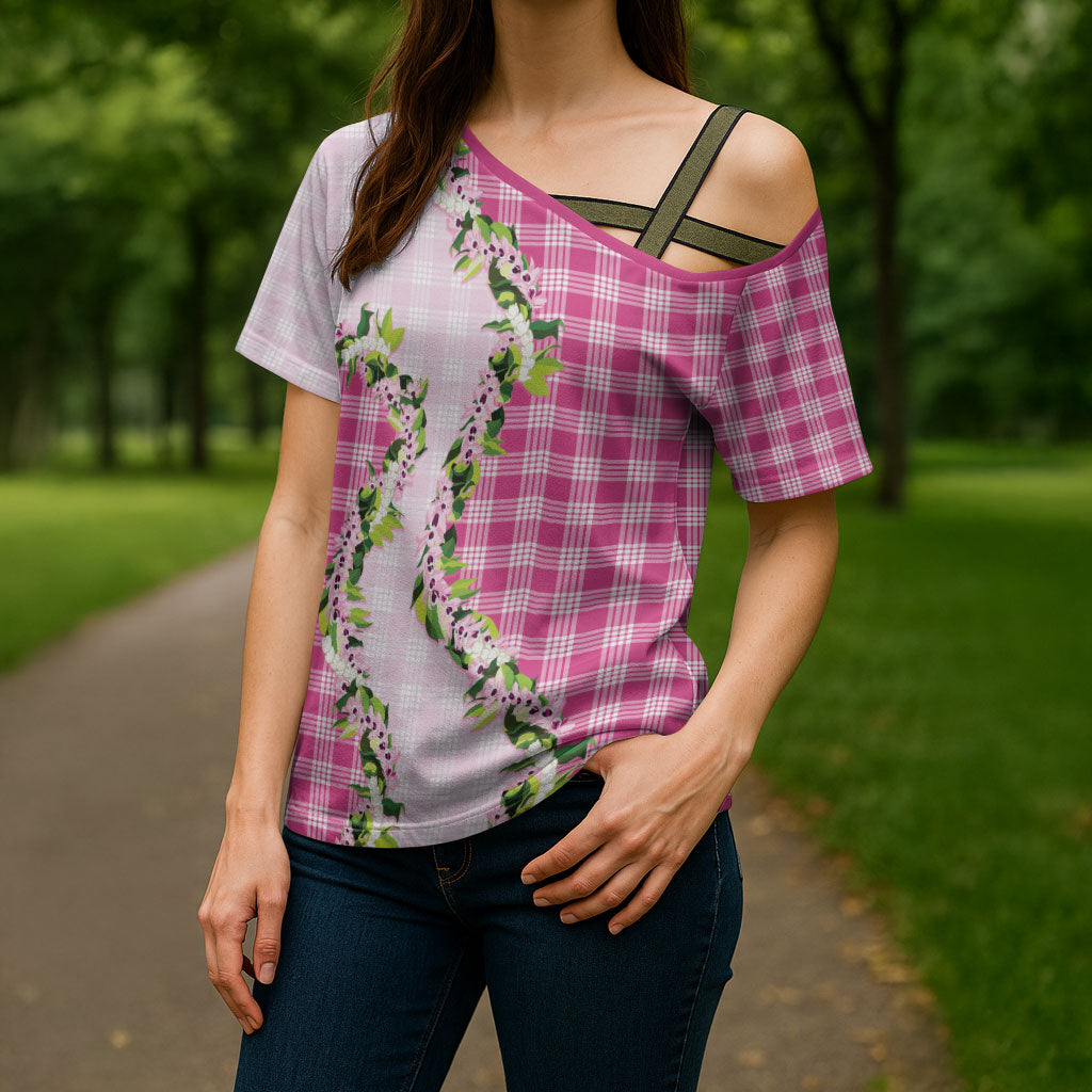 Pink Hawaii Palaka Cross Shoulder Shirt Maile Pikake Honohono Orchid Lei