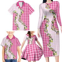 Pink Hawaii Palaka Family Matching Long Sleeve Bodycon Dress and Hawaiian Shirt Maile Pikake Honohono Orchid Lei