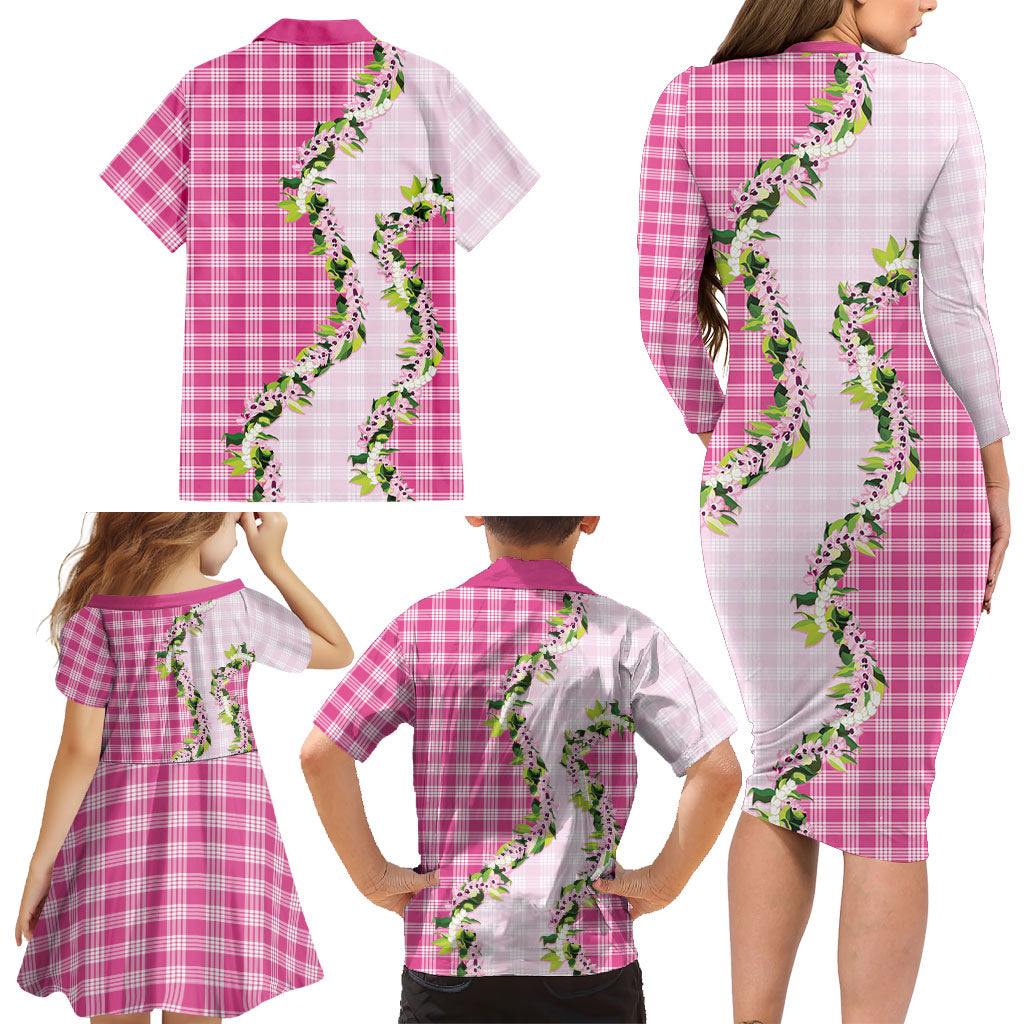 Pink Hawaii Palaka Family Matching Long Sleeve Bodycon Dress and Hawaiian Shirt Maile Pikake Honohono Orchid Lei