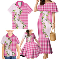 Pink Hawaii Palaka Family Matching Mermaid Dress and Hawaiian Shirt Maile Pikake Honohono Orchid Lei