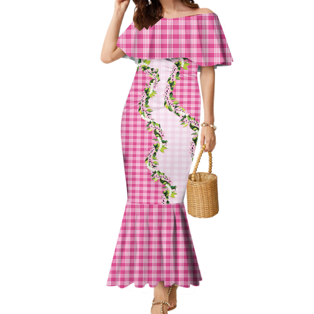 Pink Hawaii Palaka Family Matching Mermaid Dress and Hawaiian Shirt Maile Pikake Honohono Orchid Lei
