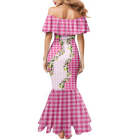 Pink Hawaii Palaka Family Matching Mermaid Dress and Hawaiian Shirt Maile Pikake Honohono Orchid Lei