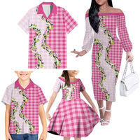 Pink Hawaii Palaka Family Matching Off The Shoulder Long Sleeve Dress and Hawaiian Shirt Maile Pikake Honohono Orchid Lei