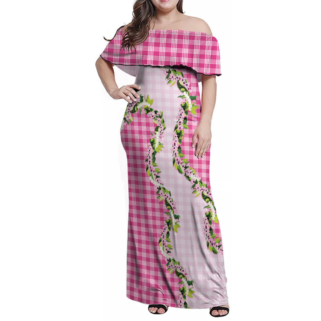 Pink Hawaii Palaka Family Matching Off Shoulder Maxi Dress and Hawaiian Shirt Maile Pikake Honohono Orchid Lei