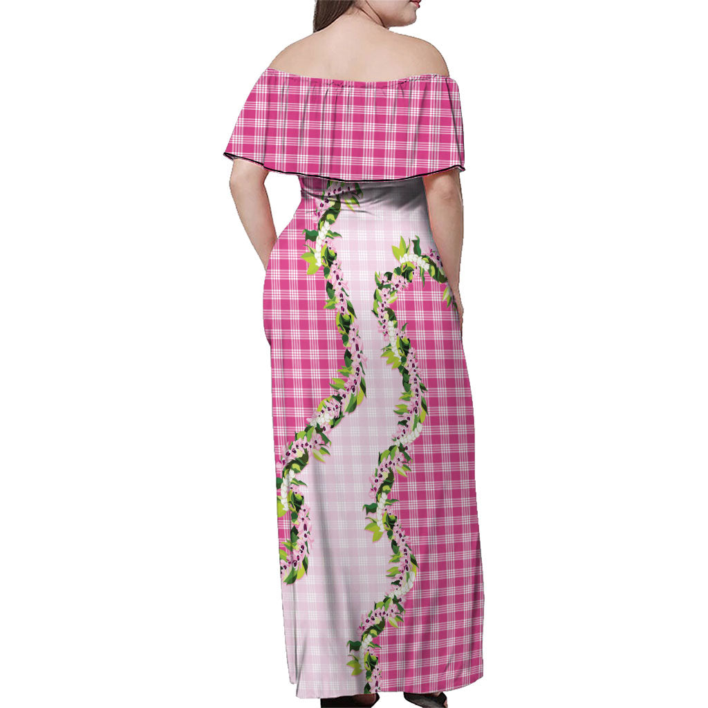 Pink Hawaii Palaka Family Matching Off Shoulder Maxi Dress and Hawaiian Shirt Maile Pikake Honohono Orchid Lei