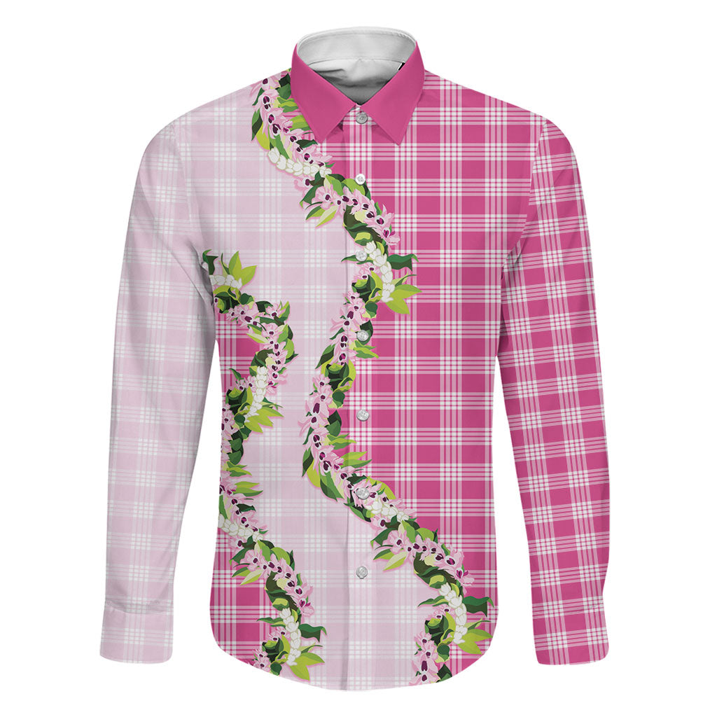 Pink Hawaii Palaka Family Matching Off Shoulder Short Dress and Hawaiian Shirt Maile Pikake Honohono Orchid Lei