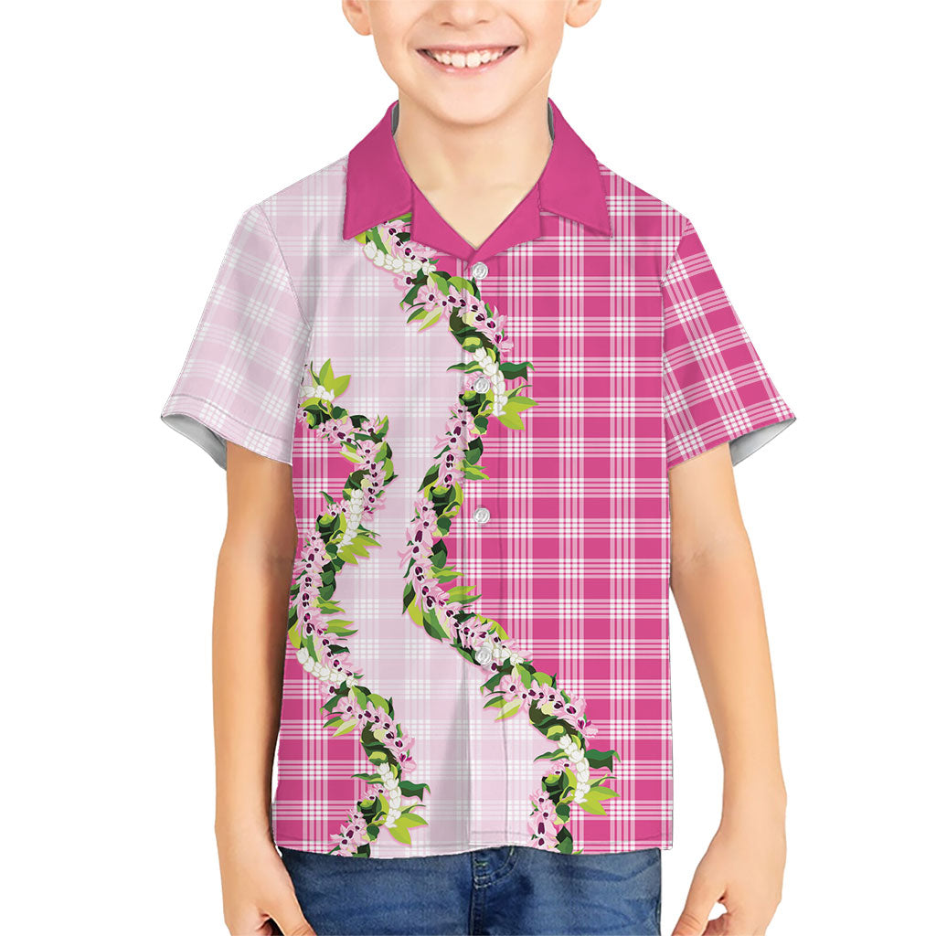 Pink Hawaii Palaka Family Matching Off Shoulder Short Dress and Hawaiian Shirt Maile Pikake Honohono Orchid Lei