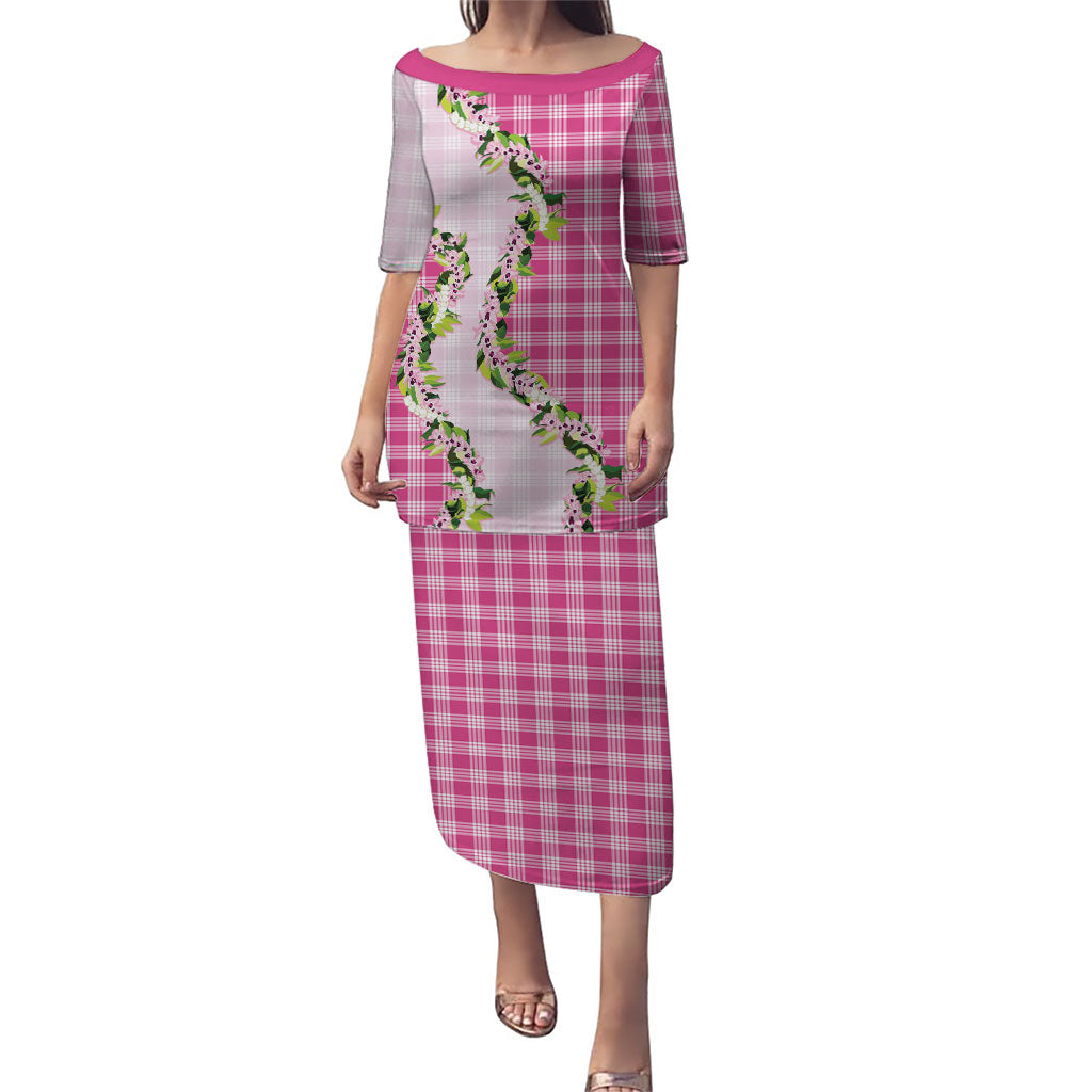Pink Hawaii Palaka Family Matching Puletasi and Hawaiian Shirt Maile Pikake Honohono Orchid Lei