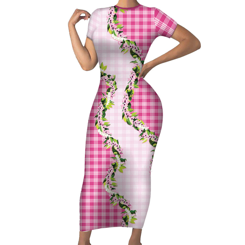 Pink Hawaii Palaka Family Matching Short Sleeve Bodycon Dress and Hawaiian Shirt Maile Pikake Honohono Orchid Lei