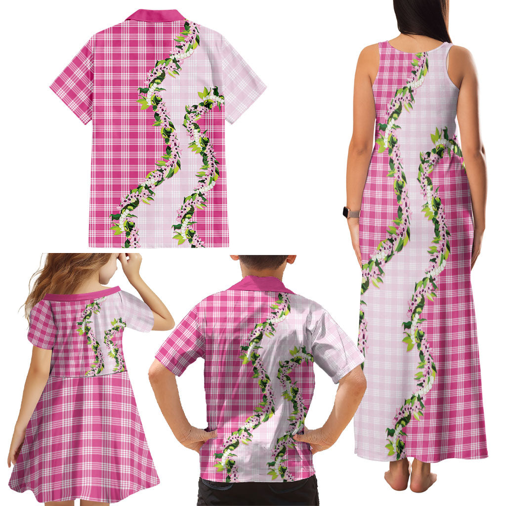Pink Hawaii Palaka Family Matching Tank Maxi Dress and Hawaiian Shirt Maile Pikake Honohono Orchid Lei