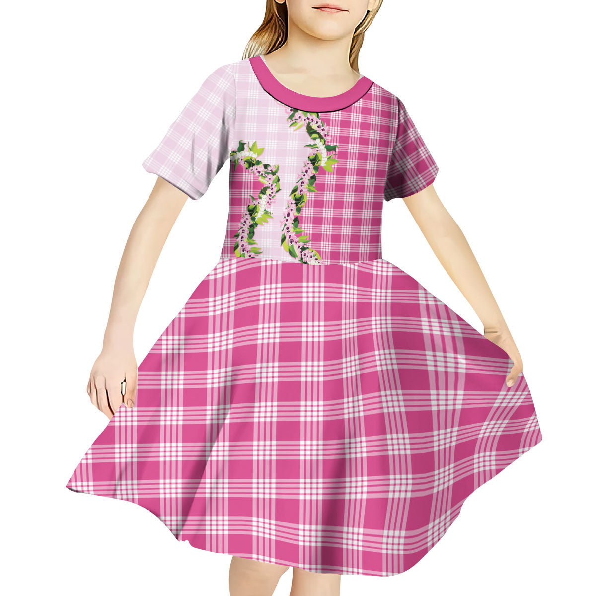 Pink Hawaii Palaka Kid Short Sleeve Dress Maile Pikake Honohono Orchid Lei