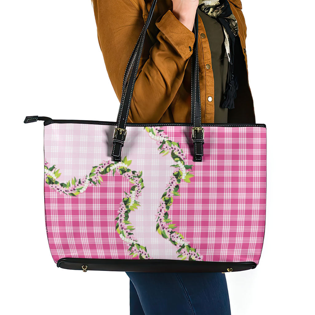 Pink Hawaii Palaka Leather Tote Bag Maile Pikake Honohono Orchid Lei