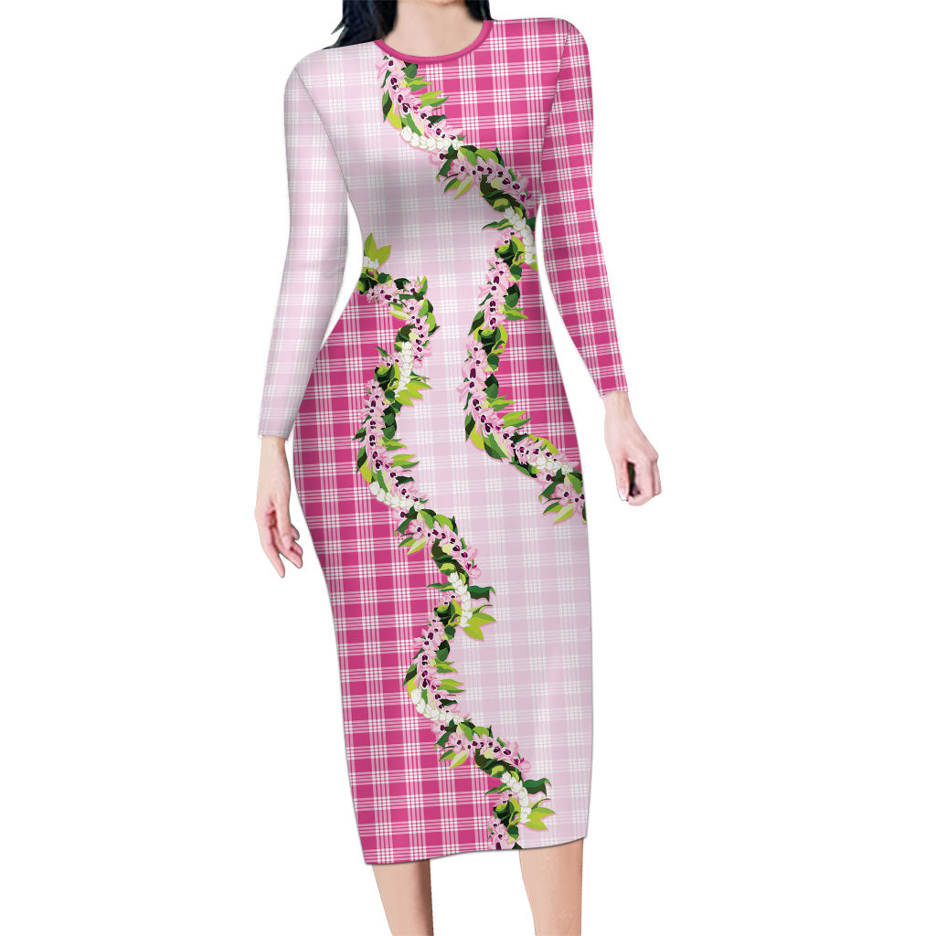 Pink Hawaii Palaka Long Sleeve Bodycon Dress Maile Pikake Honohono Orchid Lei