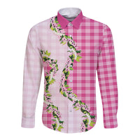Pink Hawaii Palaka Long Sleeve Button Shirt Maile Pikake Honohono Orchid Lei