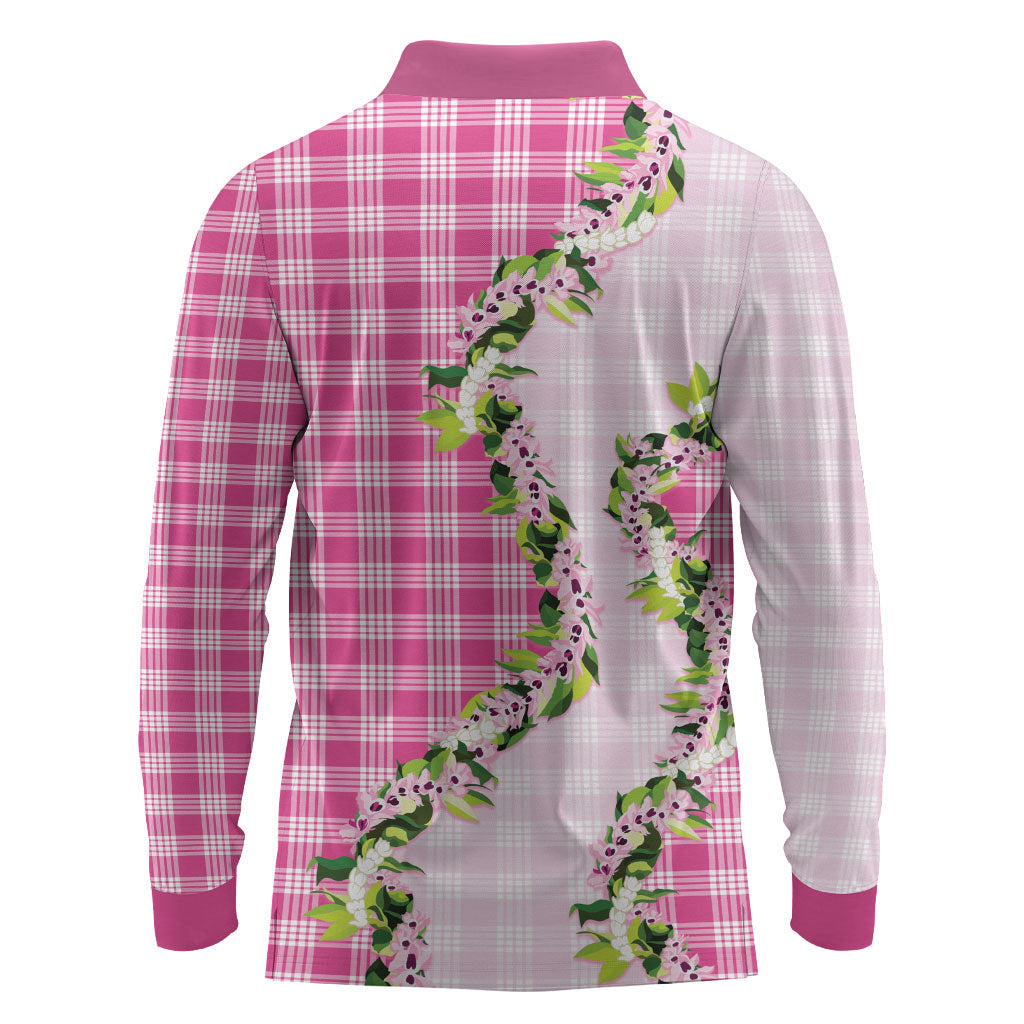 Pink Hawaii Palaka Long Sleeve Polo Shirt Maile Pikake Honohono Orchid Lei
