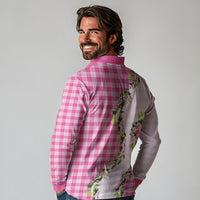 Pink Hawaii Palaka Long Sleeve Polo Shirt Maile Pikake Honohono Orchid Lei