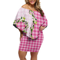 Pink Hawaii Palaka Off Shoulder Short Dress Maile Pikake Honohono Orchid Lei