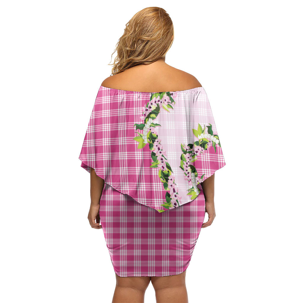 Pink Hawaii Palaka Off Shoulder Short Dress Maile Pikake Honohono Orchid Lei