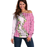 Pink Hawaii Palaka Off Shoulder Sweater Maile Pikake Honohono Orchid Lei
