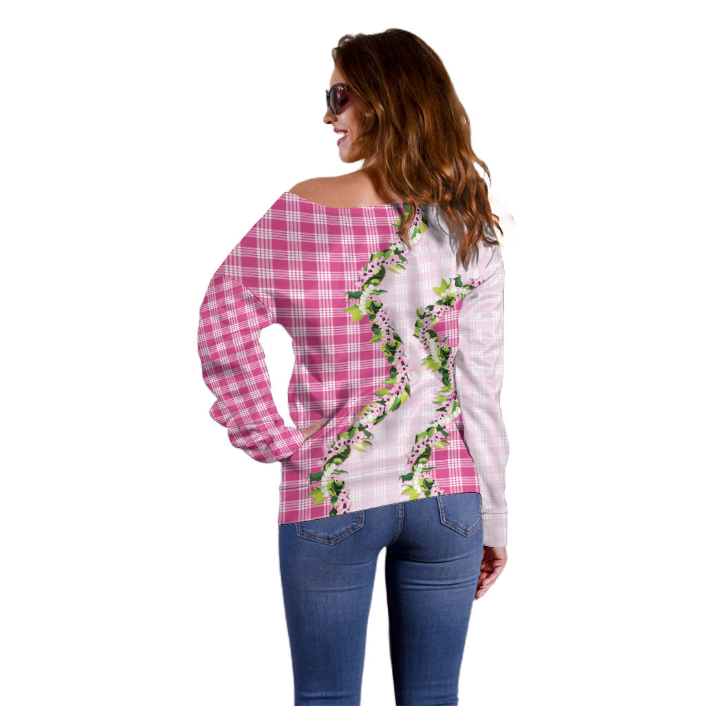 Pink Hawaii Palaka Off Shoulder Sweater Maile Pikake Honohono Orchid Lei