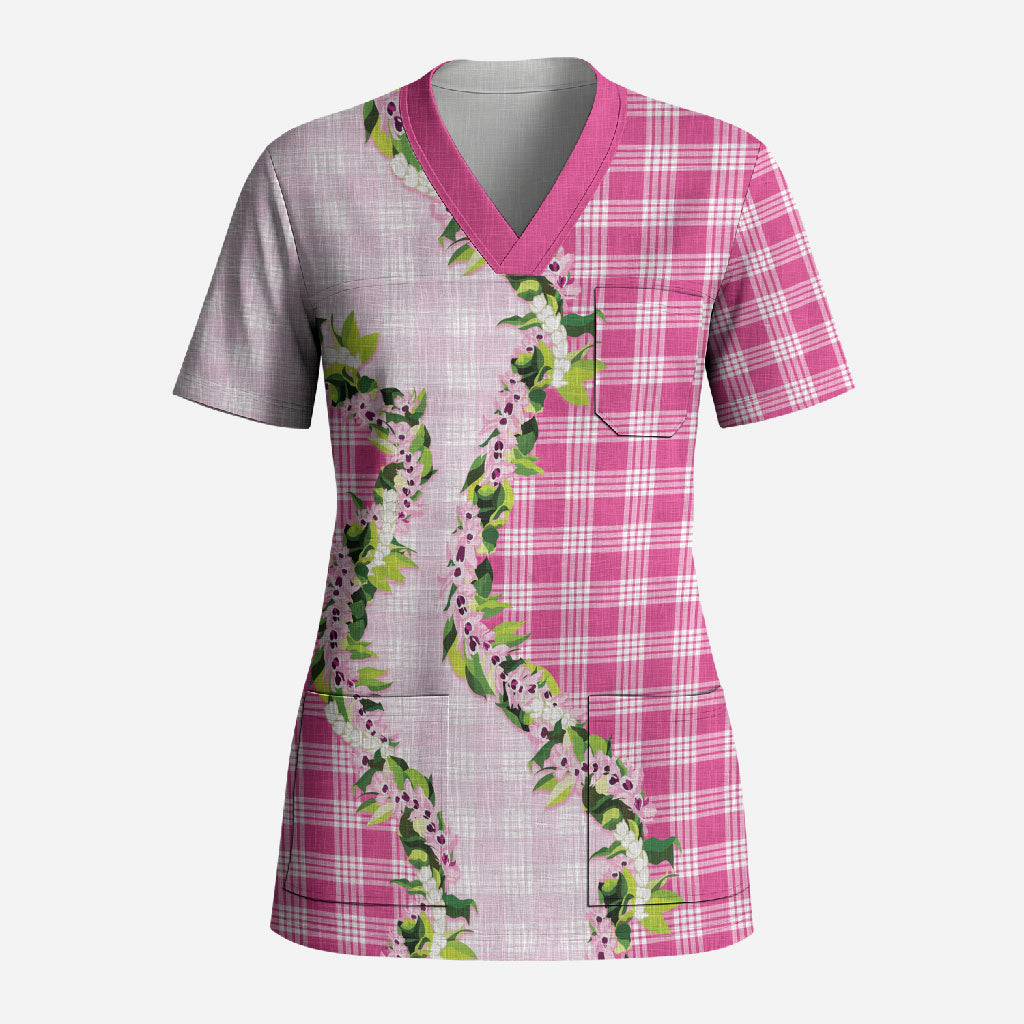 Pink Hawaii Palaka Scrub Top Maile Pikake Honohono Orchid Lei LT05 Adult Pink - Polynesian Pride