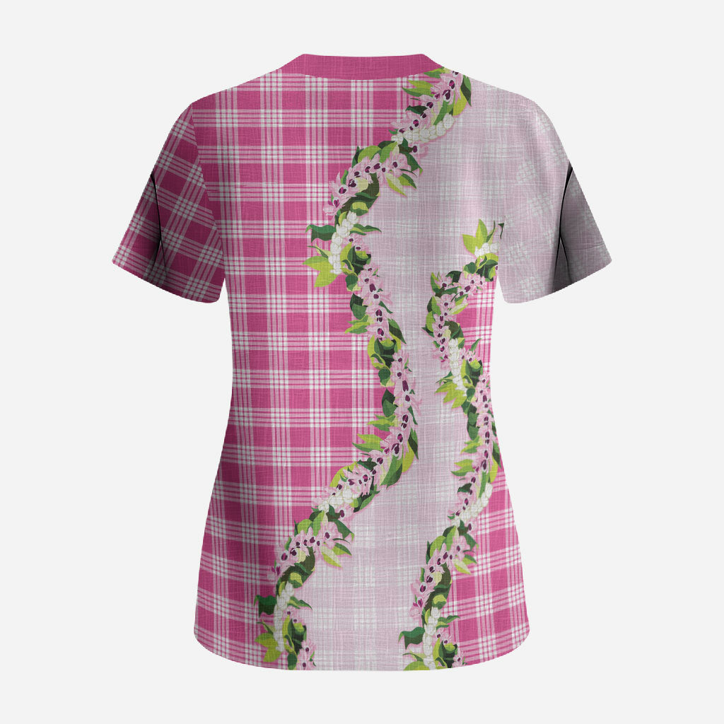 Pink Hawaii Palaka Scrub Top Maile Pikake Honohono Orchid Lei