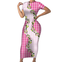 Pink Hawaii Palaka Short Sleeve Bodycon Dress Maile Pikake Honohono Orchid Lei